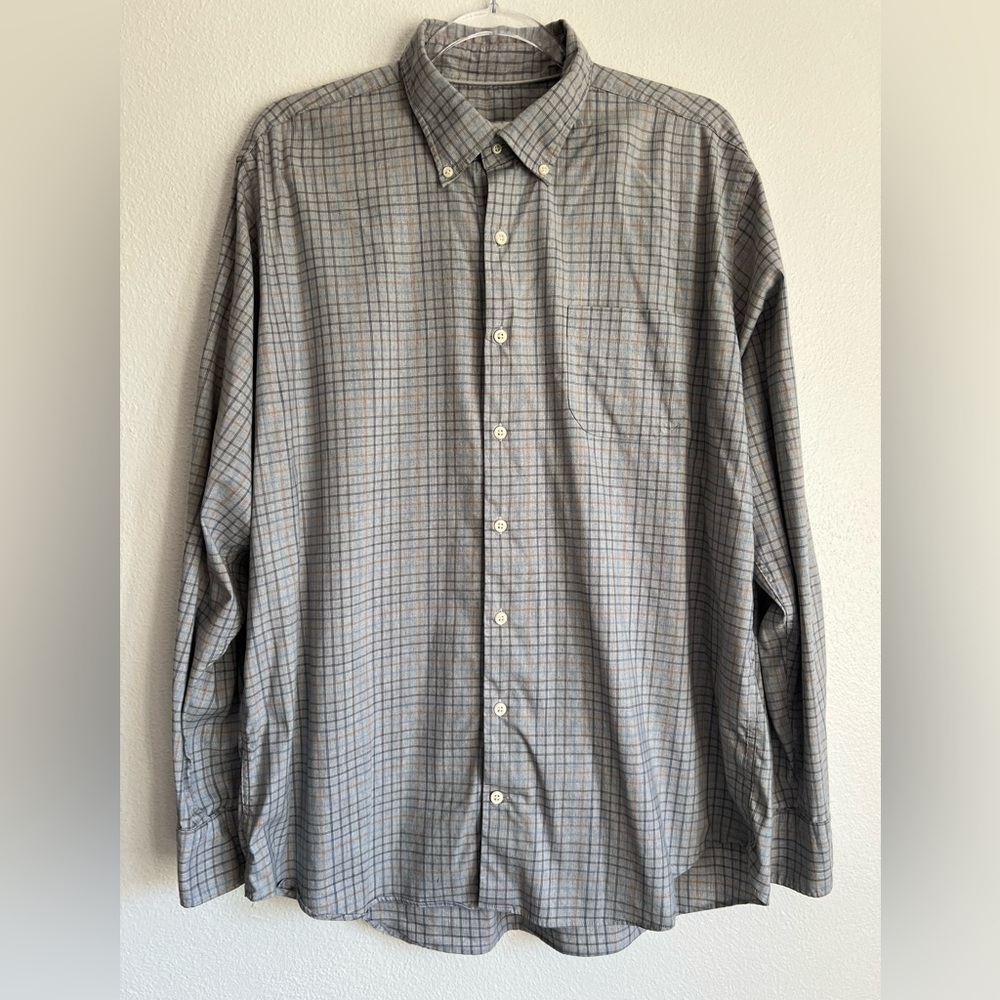 Peter Millar Preppy Classic Button‎ Down Long Sleeve Gray Plaid Dress Shirt XL